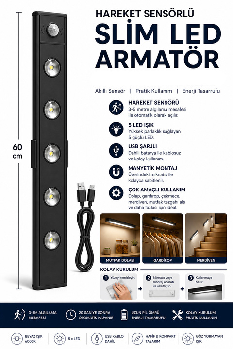 Neo Vista Slim Led Kabin Armatürü Hareket Sensörlü Dekoratif Gece Lambası Usb Şarjlı Aydınlatma 60 Cm SİYAH5W