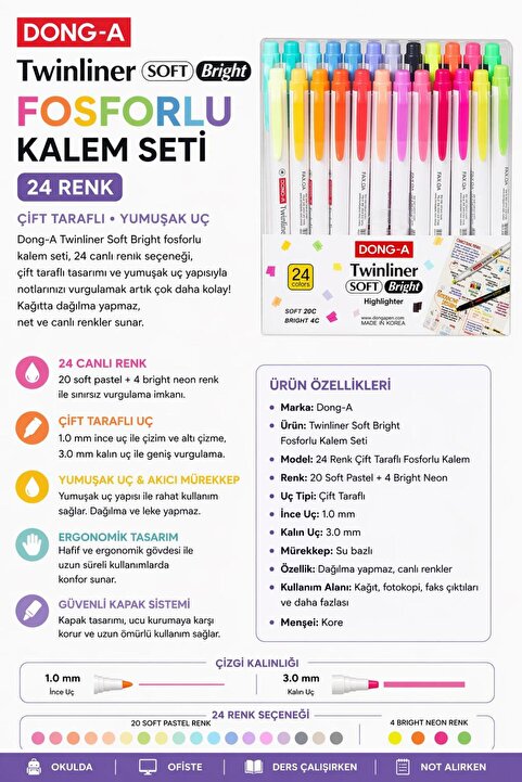 Genel Markalar Twinliner Soft Bright 24 Renk Çift Taraflı Fosforlu Kalem