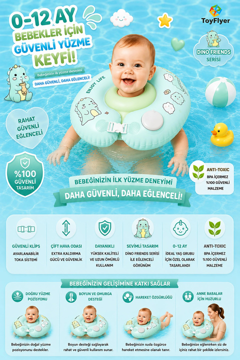 BigsToy Bebek Yüzme Boyun Simidi Pompa Gerektirmeyen Yeni Nesil 0-12 Ay Bebek Simidi, Çift Emniyet Tokalı Gü