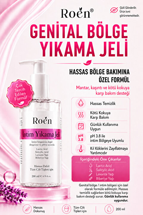 Roen İntim Yıkama Jeli Genital Bölge Temizleyici, Koku, Mantar, Kasıntı ph 3.8 İntim Bakım Ürünü 200ml