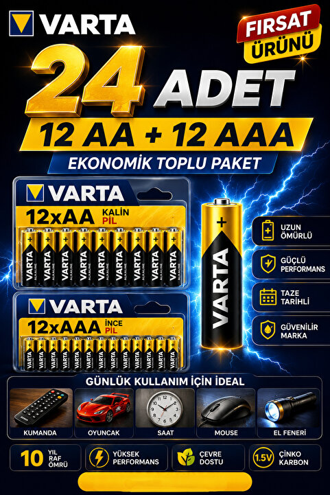 ANI OFİS KIRTASİYE A K AA + AAA Pil 24'lı Set (12 AA + 12 AAA) 1.5V – Ekonomik Toplu Paket – Çinko Karbon