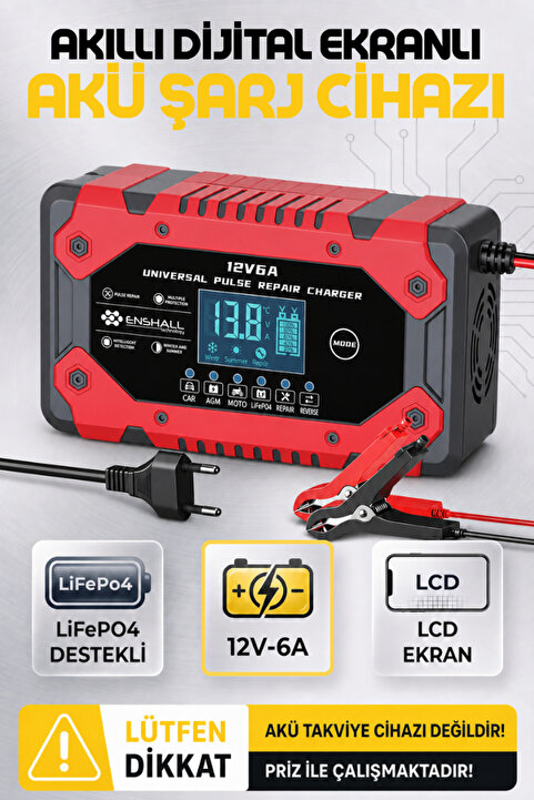 Enshall 12V-6A Araba, Kamyon, Tır, Gemi Motosiklet LıfeP04 Özellikli Akıllı Hızlı Akü Şarj Cihazı