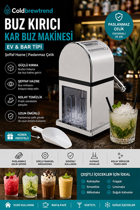 COLD BREW TREND by uğur cadırcı Buz Kırıcı - Kar Buz Makinesi (Ev ve Bar Tipi) + Şeffaf Hazne ve Kürek Hediyeli - Paslanmaz Çelik