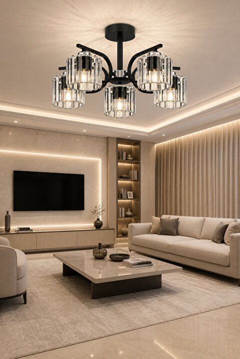 ESSLİGHT Nehir 5’li Kristal Taşlı Modern Salon Mutfak Yatak Odası Avizesi