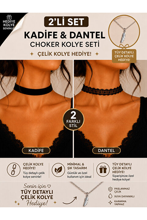 Liora De Mar Kadife & Dantel Choker Kolye Seti – Ayarlanabilir Zincirli, Minimal ve Şık Tasarım