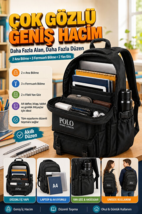 POLOGRAND London Orijinal Unisex Ortopedik Sırt Destekli Geniş Hacimli Çok Gözlü Ayarlanabilir Askılı Laptop Bölmeli Astarlı İlkokul Ortaokul Lise Üniversite İçin Öğrenci Yetişkin Çocuk Genç Büyük Siyah Okul Çantası