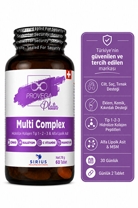Provega Platin Multi Complex %100 Doğal Kolajen Tip 1-2-3 - Alfa Lipoik Asit Magnezyum Kalsiyum Çinko Bor Vitamin C-D3, 60 Tablet