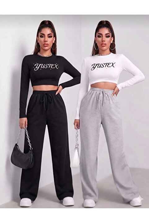 yx yustex sport 2’li Paket Kadın Mevsimlik Oversize Eşofman Altı Seti - Siyah & Gri Renk Seçeneği - Rahat Kalıp