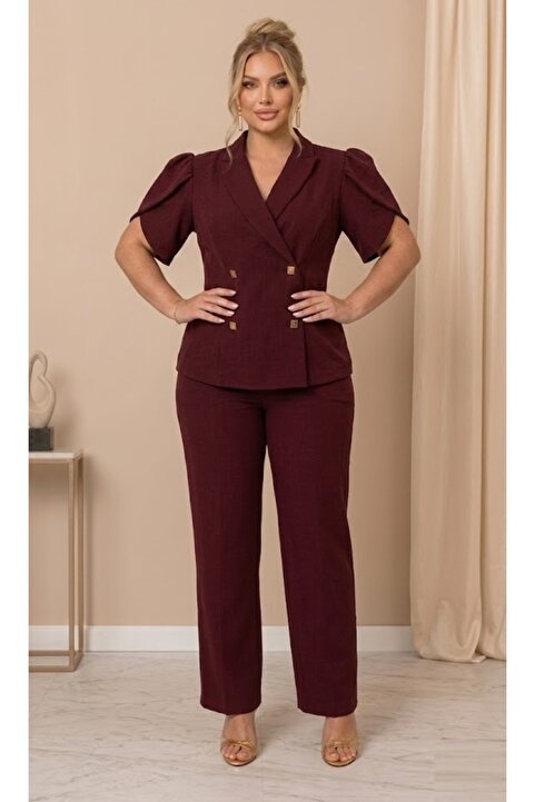Butik Nilyam Kadın Büyük Beden Kruvaze Yaka Kısa Kol Düğme Detaylı Çapraz Kol Geçişli Bluz Pantolon Abiye Takım 25010