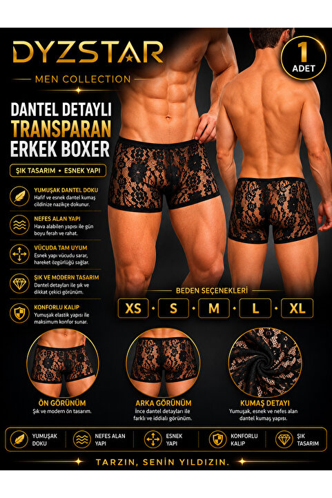 DYZSTAR Fantezi Dantelli Seksi Siyah Erkek Boxer - Seksi Erkek İç çamaşırı TG274612