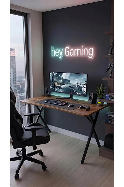 hey modüler mobilya 120 cm Gaming Profesyonel Oyuncu Masası Ceviz Tabla, Siyah Metal Ayaklı Hey Gaming