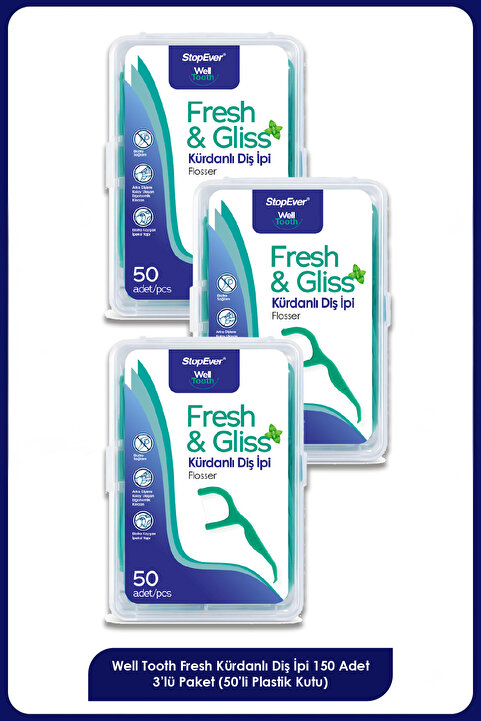 StopEver Well Tooth Kürdanlı Diş İpi Fresh & Gliss 3 Adet x 50'li Plastik Kutulu (150 Adet)