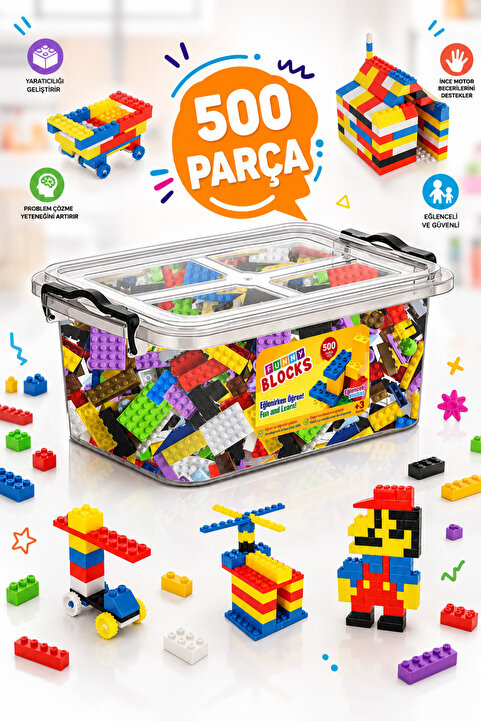 p parti oyunevi Funny Blocks Mikro Blok 500 Parça Plastik Kutulu Yapı Blokları