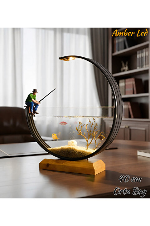 Poyel Decor Modern Tasarım Dekoratif Akvaryum – Amber Led Aydınlatmalı 40 cm +Balık Tutan Adam Figürü
