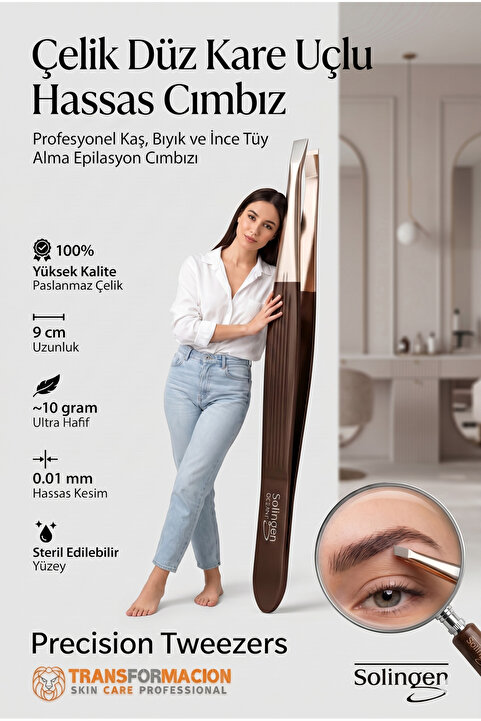 Transformacion Çelik Düz Kare Uçlu Hassas Cımbız - 9 cm Profesyonel Kaş, Bıyık ve İnce Tüy Alma Epilasyon Cımbızı Solingen Professional 718477