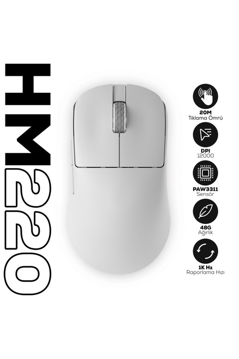 Hawk Gaming Chair HM220 1K Hz 12000 DPI Tri-Mode Kablosuz/Bluetooth Beyaz Gaming Oyuncu Mouse