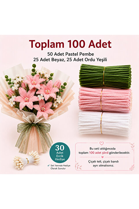 hyc heryerçiçeklenir 3'lü Set Pastel Pembe (50) , Beyaz (25) , Ordu Yeşili (25) Şönil ,Çiçek Yapımına Uygun Tüylü Tel