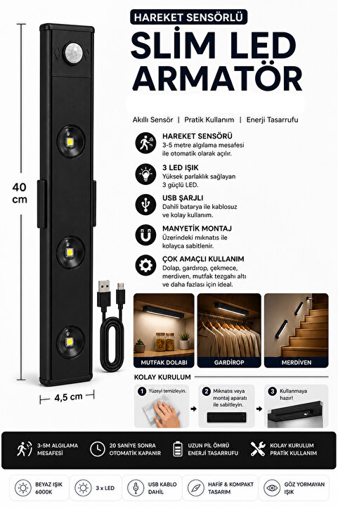 Neo Vista Slim Led Kabin Armatürü Hareket Sensörlü Dekoratif Gece Lambası Usb Şarjlı Aydınlatma 40 Cm SİYAH 3W