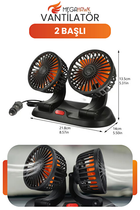 MEGAHAWK Çift Başlı Araç İçi Vantilatör 12V Çakmak Girişli Ayarlanabilir Oto Fan