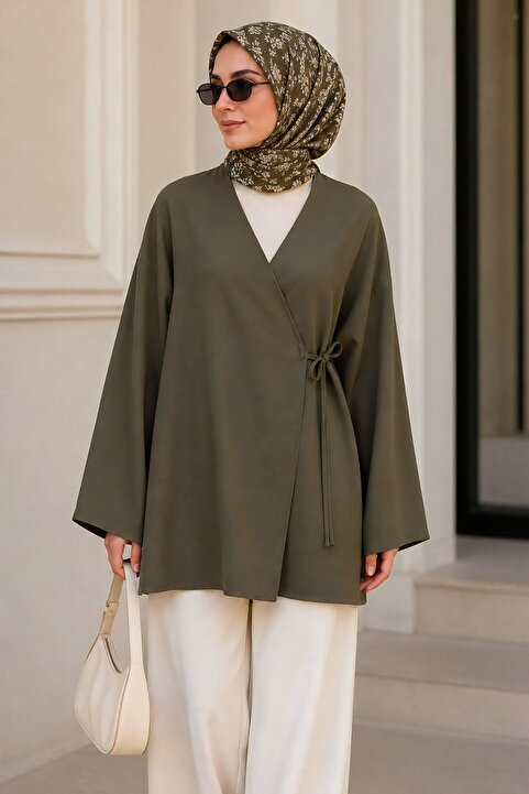 İmajButik Haki Kruvaze Yaka Yandan Bağlamalı Yazlık Kimono Tunik