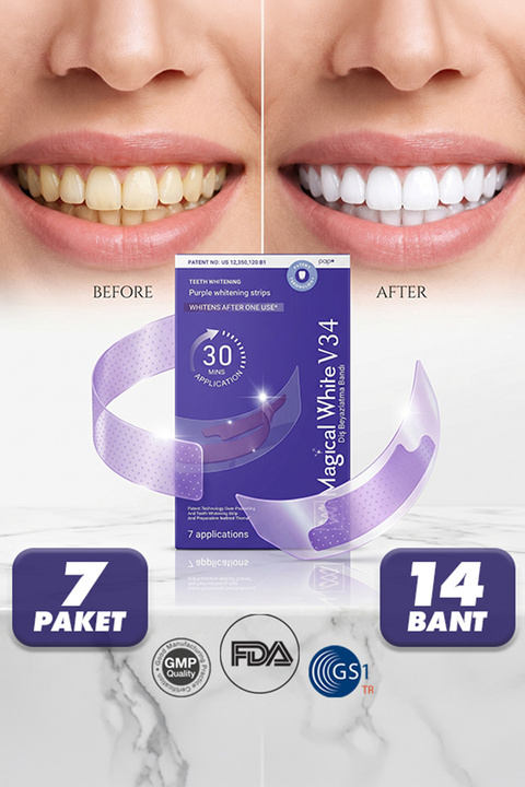 Magical White V34 Mor Diş Beyazlatma Bandı - Sarılık Karşıtı Renk Düzeltici Diş Beyazlatıcı Şerit Seti (7 Paket/14 Adet)