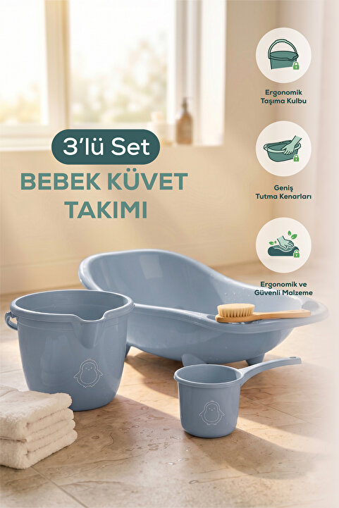 Vienev 3'lü Set Fileli Yenidoğan Küvet Seti Mavi