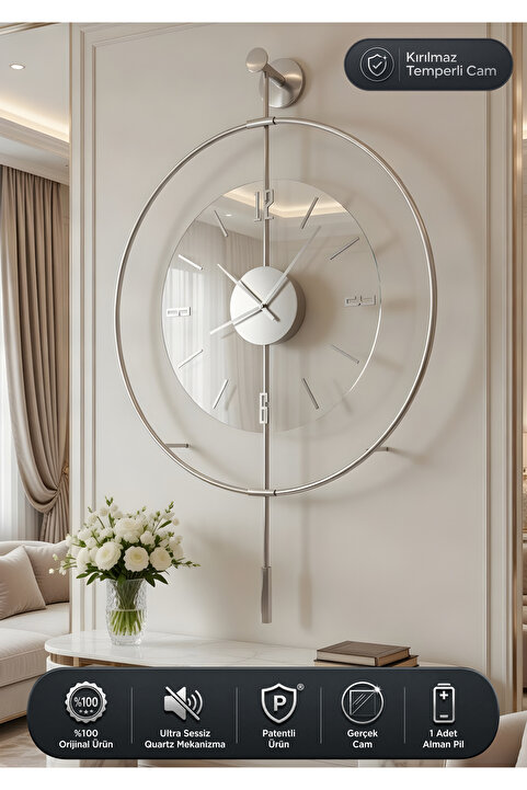 MetaQuartz Aksesuar Gümüş Luxry Şefaf (YENİ TAMPERLİ KIRILMAZ CAM) - (50X75CM) Metal (MOBİLYA) Duvar Saati