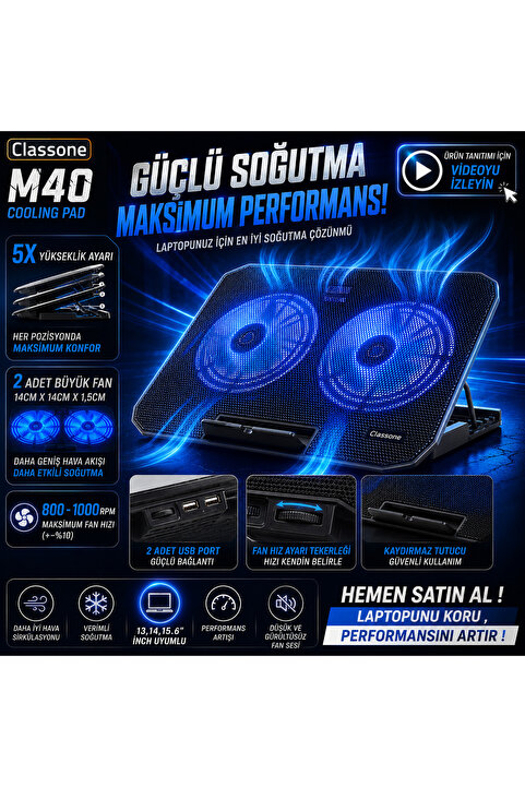 Classone M40 Gaming Laptop Soğutucu Notebook Standı, Mavi Led ,14-15.6-17 Inch Uyumlu, 2 Fan, 2 Usb