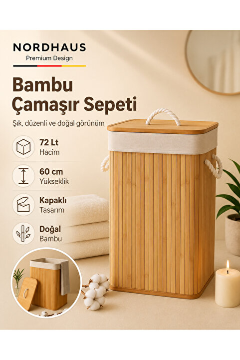 Nordhaus Bambu Dikdörtgen Çamaşır Sepeti Kapaklı – Dekoratif ve Modern Kirli Sepeti