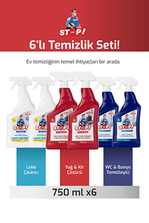 STOP Forte Zorlu Leke Seti 6 x 750 ML Leke, Yağ, Kir,Tuvalet,Banyo Temizleyici