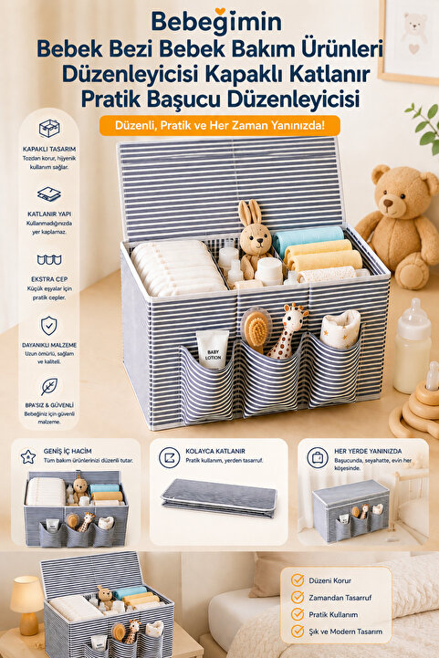 Özlem Toys Excellent Baş Ucu Düzenleyici Bebeğimin Kapaklı Bebek Bezi Bakım Ürünleri Organizeri