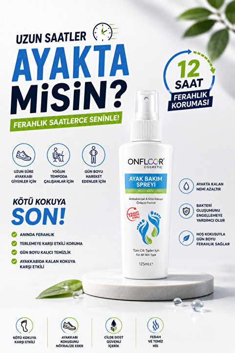 ONFLOOR Ayak Kokusu Giderici,Nasır,Mantar,Kötü koku, önleyici | 12 SAAT KONFOR |ferahlatıcı Sprey 125 ml –Anında Etki