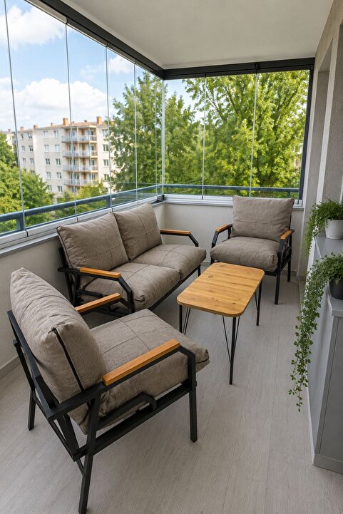 Dekoport Kutay Balkon Takımı, Bahçe Takımı, Çay Seti Koltuk Takımı, Metal Kanepe 2-1-1 40x70 Sehpalı Kapuçino Vizon Kumaş