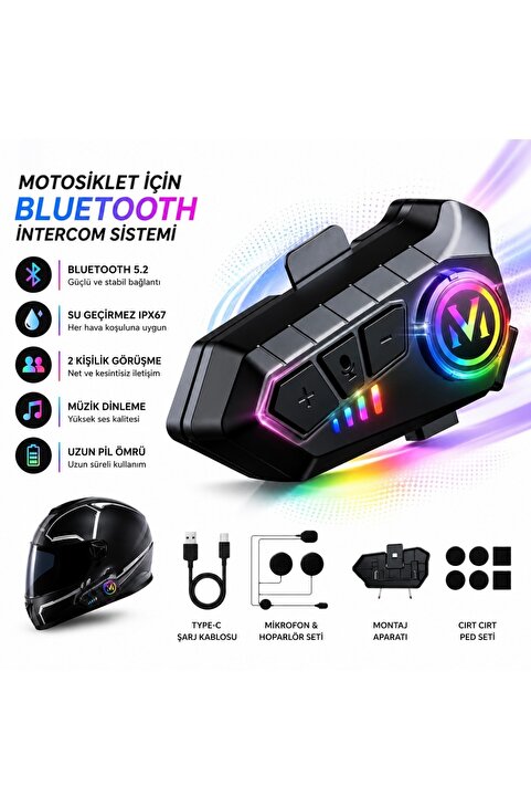 Dynego Kask Kulaklık Intercom Rgb Işıklı Motosiklet Y10 Otomotik Cevaplama