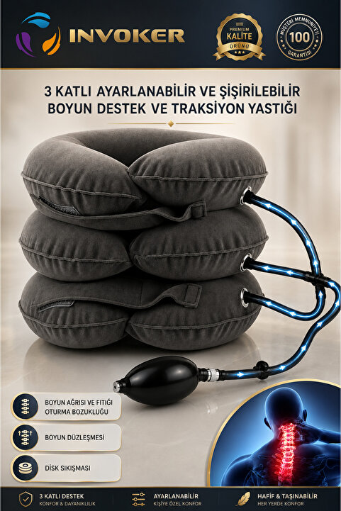INVOKER 3 Katlı Boyun Fıtığı Oturma Bozukluğu Ortopedik Şişme Boyunluk Yastık 1. Kalite