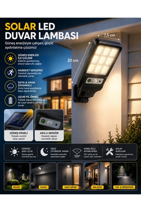 keyfisepet en keyifli sepet Solar Güneş Enerjili Led Bahçe Aydınlatması 3 Modlu Hareket Sensörlü Duvar Lambası 122solarled