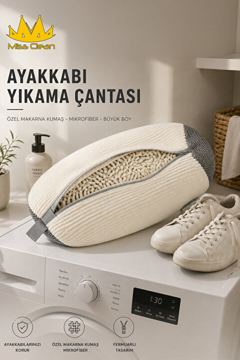 MissClean Ayakkabı Yıkama Çantası Özel Makarna Kumaş Fermuarlı Büyük Boy Mikrofiber Beyaz Renk