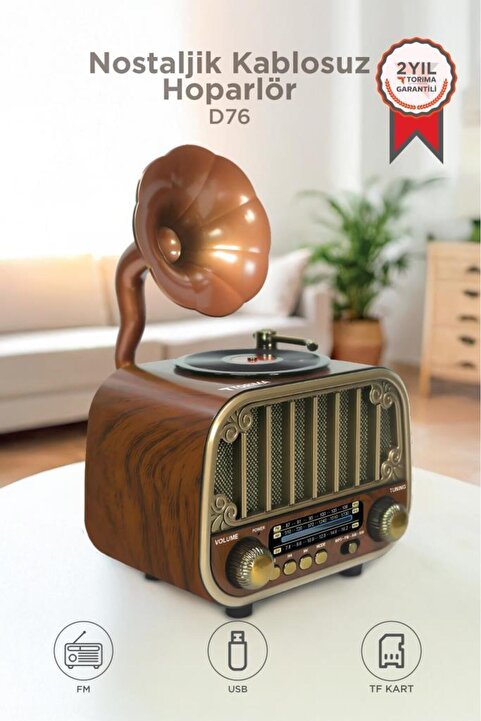 Torima Bluetooh Hoparlör Nostaljik Radyo AUX USB TF Destekli Speaker D76 Ahşap