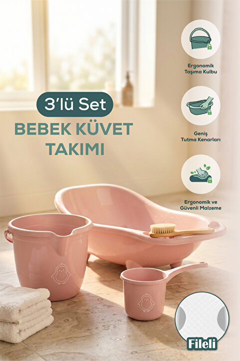 Vienev 3'lü Set Fileli Yenidoğan Küvet Seti Pembe