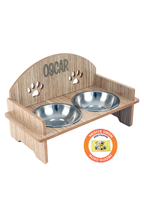GOBYPET Ahşap Özel İsim Baskılı, Oval Kedi Köpek Mama Su Kabı Standı, Metal Suluk, Kedi Köpek Halısı