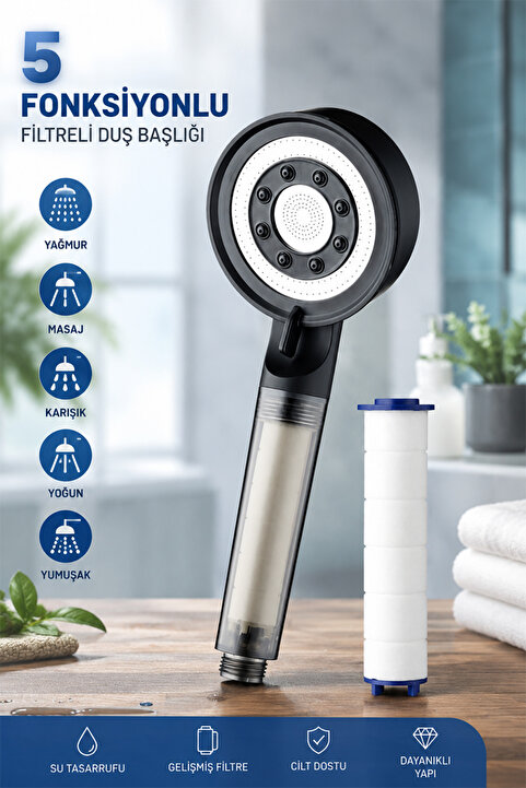 KUSTAR 5 Fonksiyonlu Çelik Su Tasarruflu Filtreli Turbo Jet Duş Başlığı Siyah