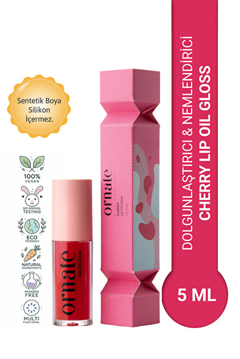 ORNATE Cherry Lip Oil Gloss Dolgunlaştırıcı Efekt Nemlendirici, Parlatıcı Simli Dudak Yağı Kiraz 5 ml