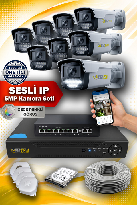 Elitcam 8 Kameralı Süper 8 Dış Kamera Set 500 GB 5 MP 2K Net Gece Görüşlü Güvenlik Kamerası Sistemi