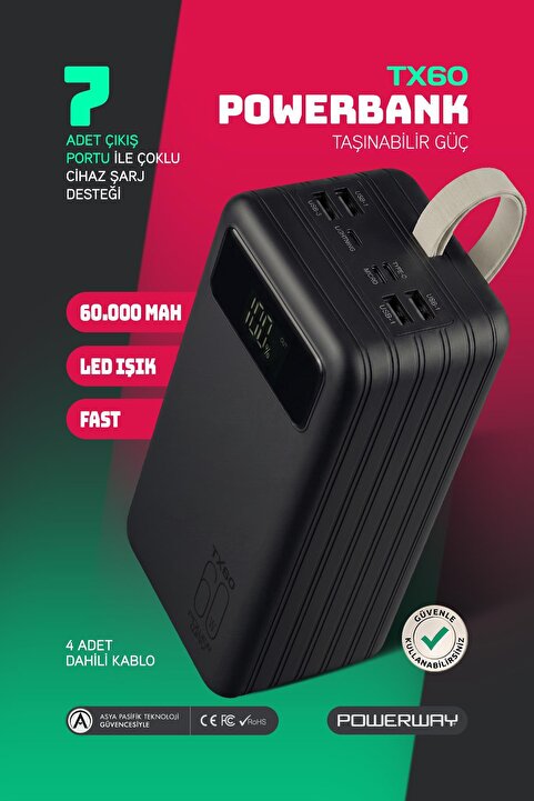 Powerway 60.000 Mah Kablolu Dijital Göstergeli Gerçek 60.000 mAh Garantili Işıklı Kamp Tx60 Siyah Powerbank