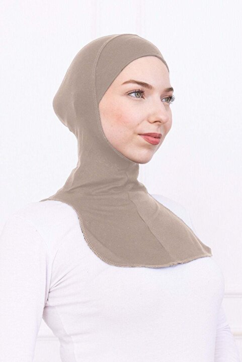 Loggia Boyunluklu Ninja Bone Likralı Sporcu Bonesi - Kadın Hazır Pratik Tesettür Hijab Başörtü-Vizon