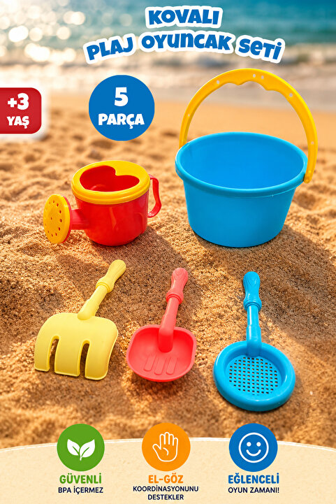 Meleni Toys 5 Parça Küçük Boy Plaj Seti - Kova Elek Tırmık Kürek ve Sulama Kaplı Kum Oyuncağı Mavi