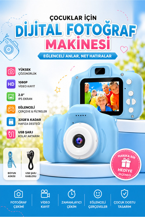 İTHALCİM Dijital Fotoğraf Makinesi Çocuk Mini 1080p Hd Kamera Selfie