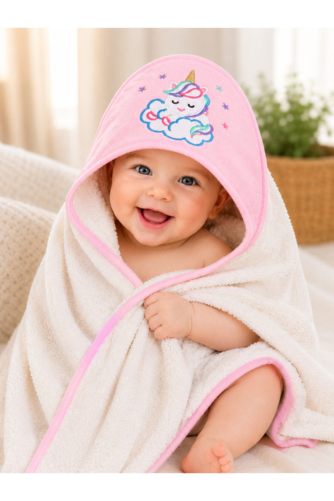 Tomuycuk %100 Pamuklu Başlıklı & Unicorn Nakışlı Kız Bebek Banyo Havlusu- Yumuşak & Su Emici Havlu