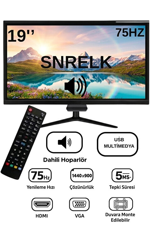 SNRELK 19" SESLİ sencrom DAHİLİ HOPARLÖR 12V (KUMANDALI) Geniş Ekran 75 Hz 5ms (VGA,HDMI) Led Monitö