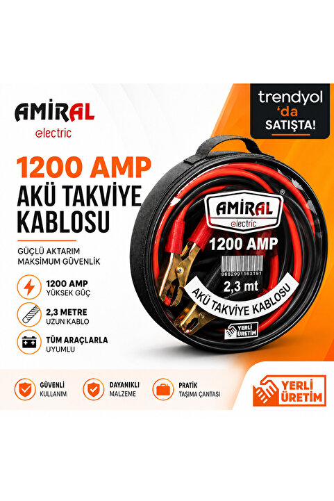amiral Akü takviye kablosu 1200 Amper 2.30 Metre Kablolu Çantalı 1.SINIF (Kalın ve Sağlam Kablosuyla Fırsat Ürünü) TÜKENİYOR